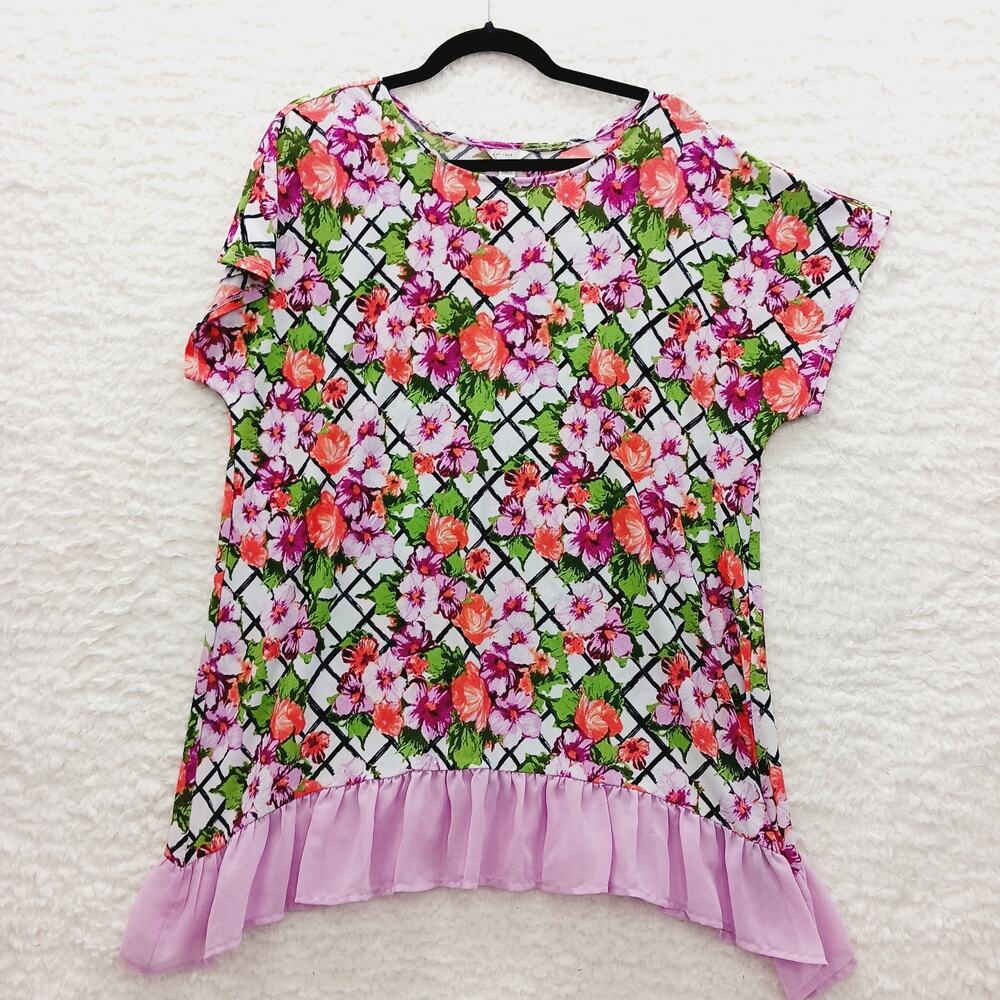 Tunic Dress Blouse Pink Lime Garden Floral Ruffle Bloomcore Couquette Y2K Size L